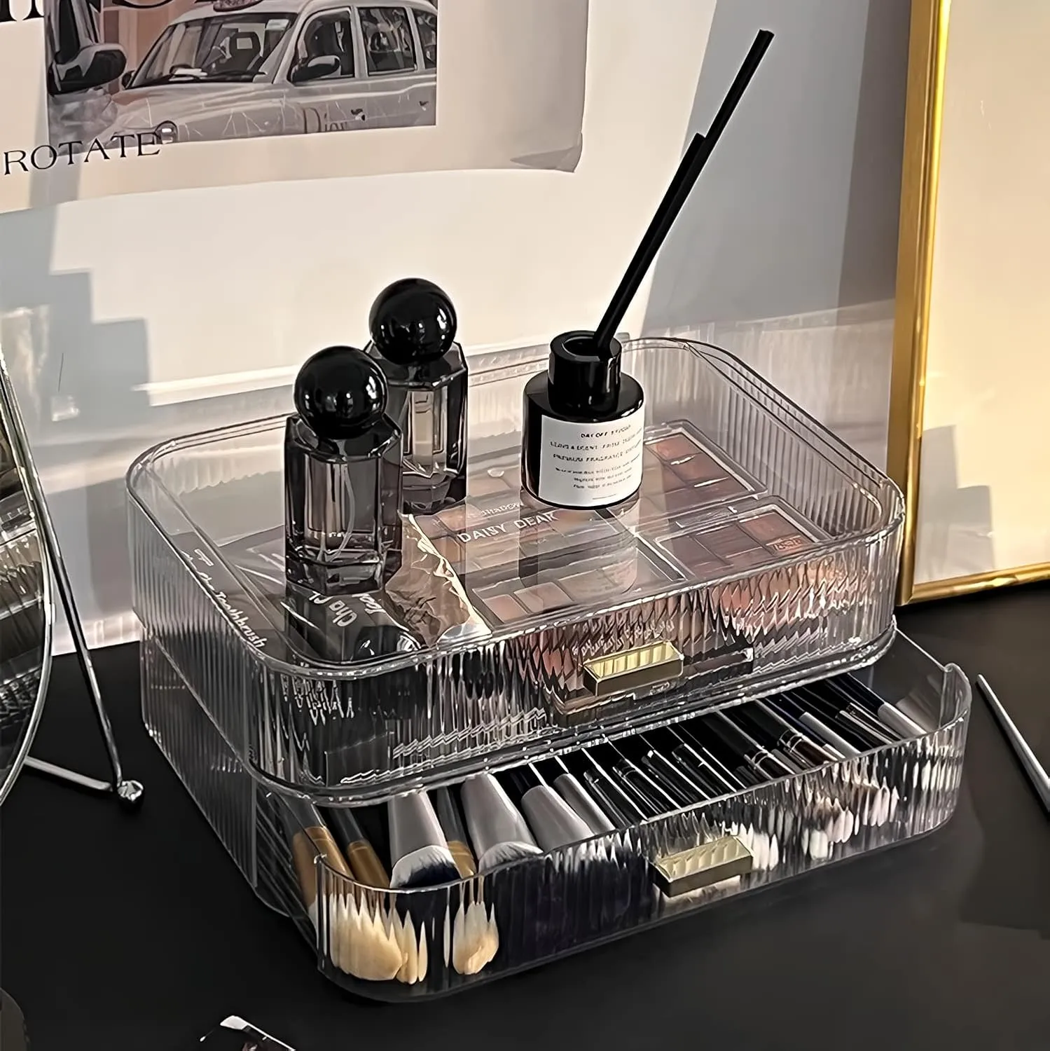 Stackable Clear Plastic Organizer Drawer | Organize Eyeshadow Palettes, Cosmetics, and Beauty Supplies on a Vanity
