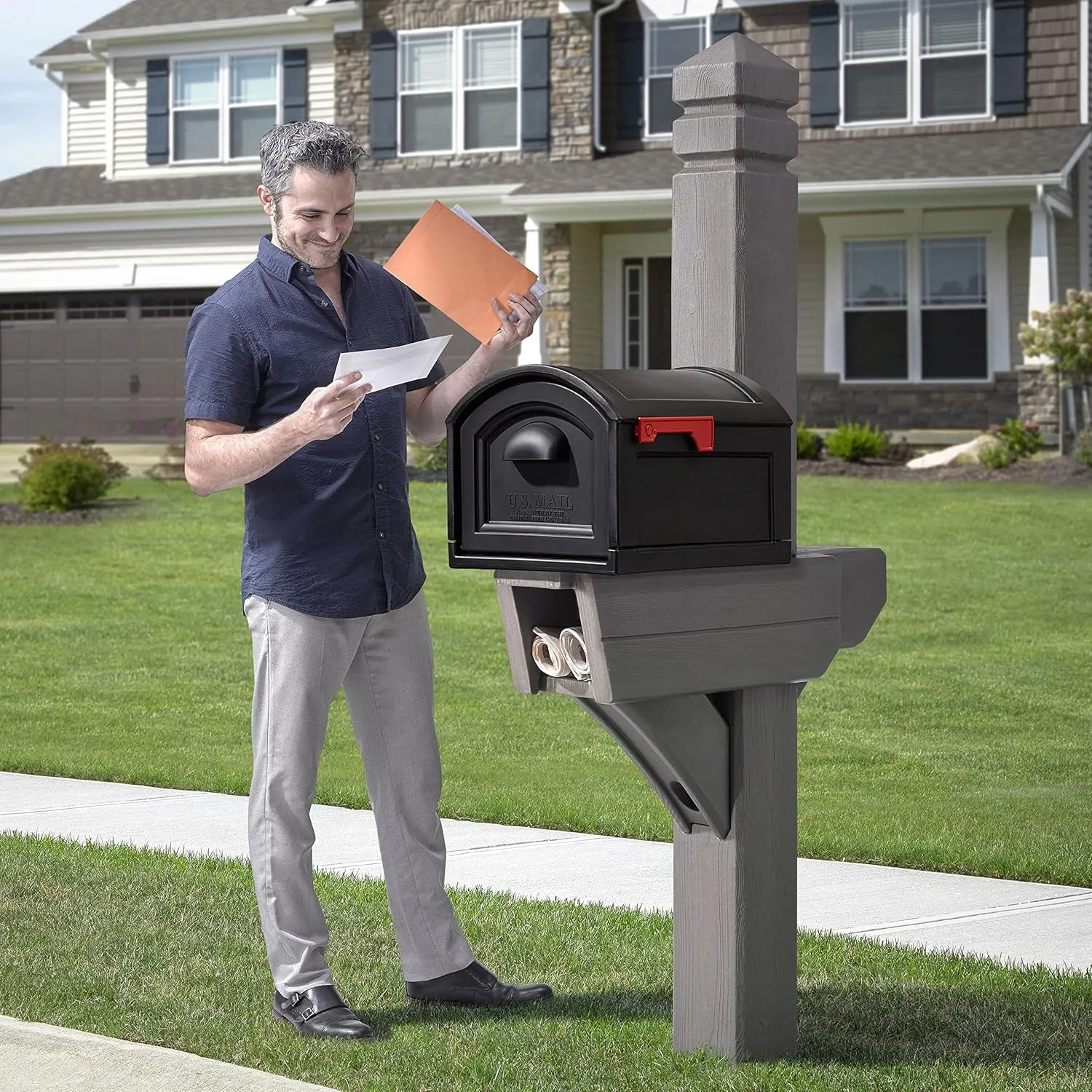 Step2 Highland Extra Large Mailbox & Post, Weather Resistant, Large Outdoor Mailboxes, Made of Durable Plastic, Easy to Install, Flag Included, Dark Cedar