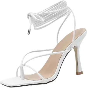 Strappy Stiletto Sandals for Women Fashion Cross Straps Lace up Square Toe Clip Toe Thin High Heels Summer Comfortable Casual Ladies Shoes