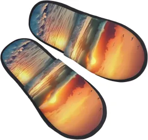 Sunset Seaside Furry Slippers for Men Women Fuzzy Memory Foam Slippers Warm Comfy Slip-on Bedroom Shoes Winter House Shoes for Indoor Outdoor