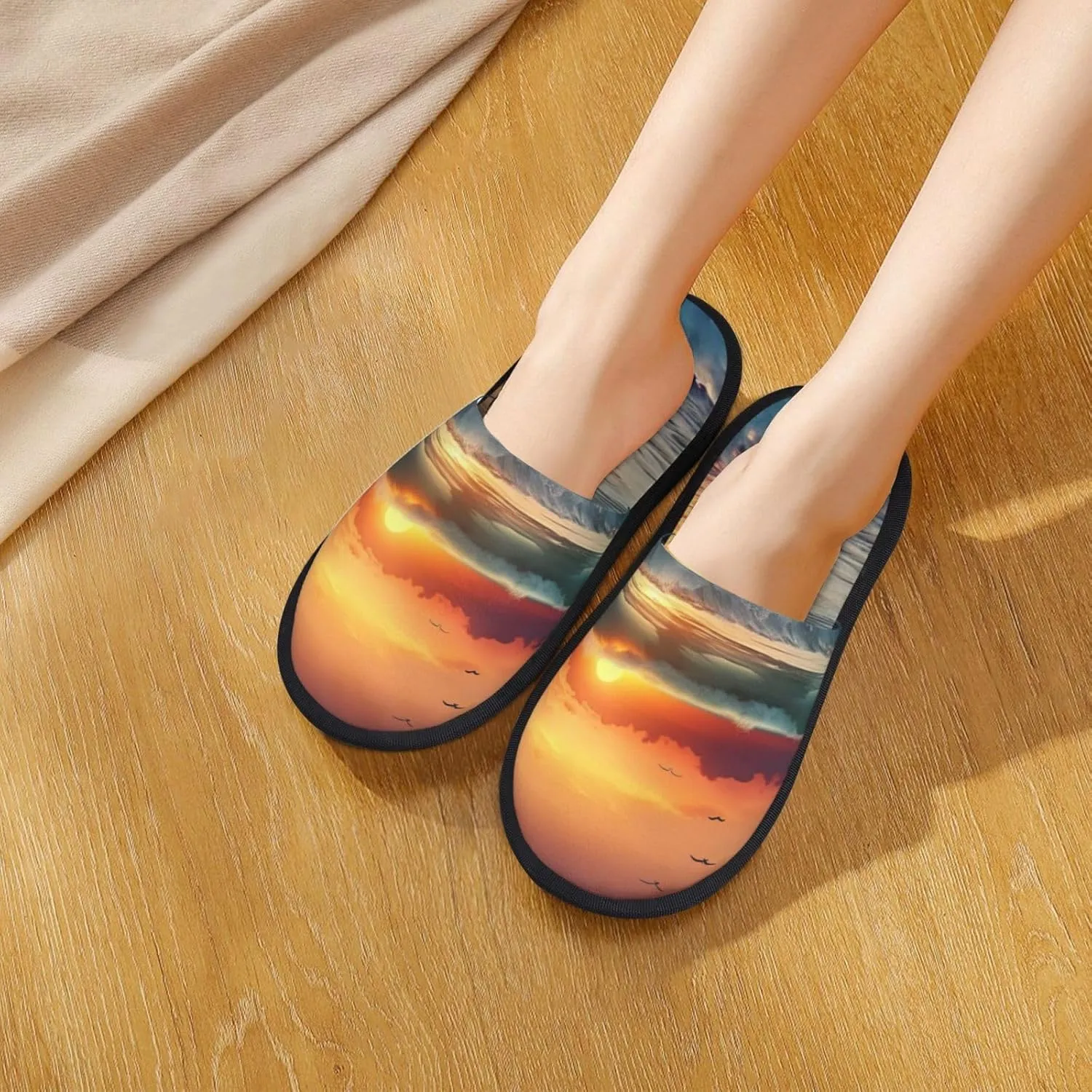 Sunset Seaside Furry Slippers for Men Women Fuzzy Memory Foam Slippers Warm Comfy Slip-on Bedroom Shoes Winter House Shoes for Indoor Outdoor