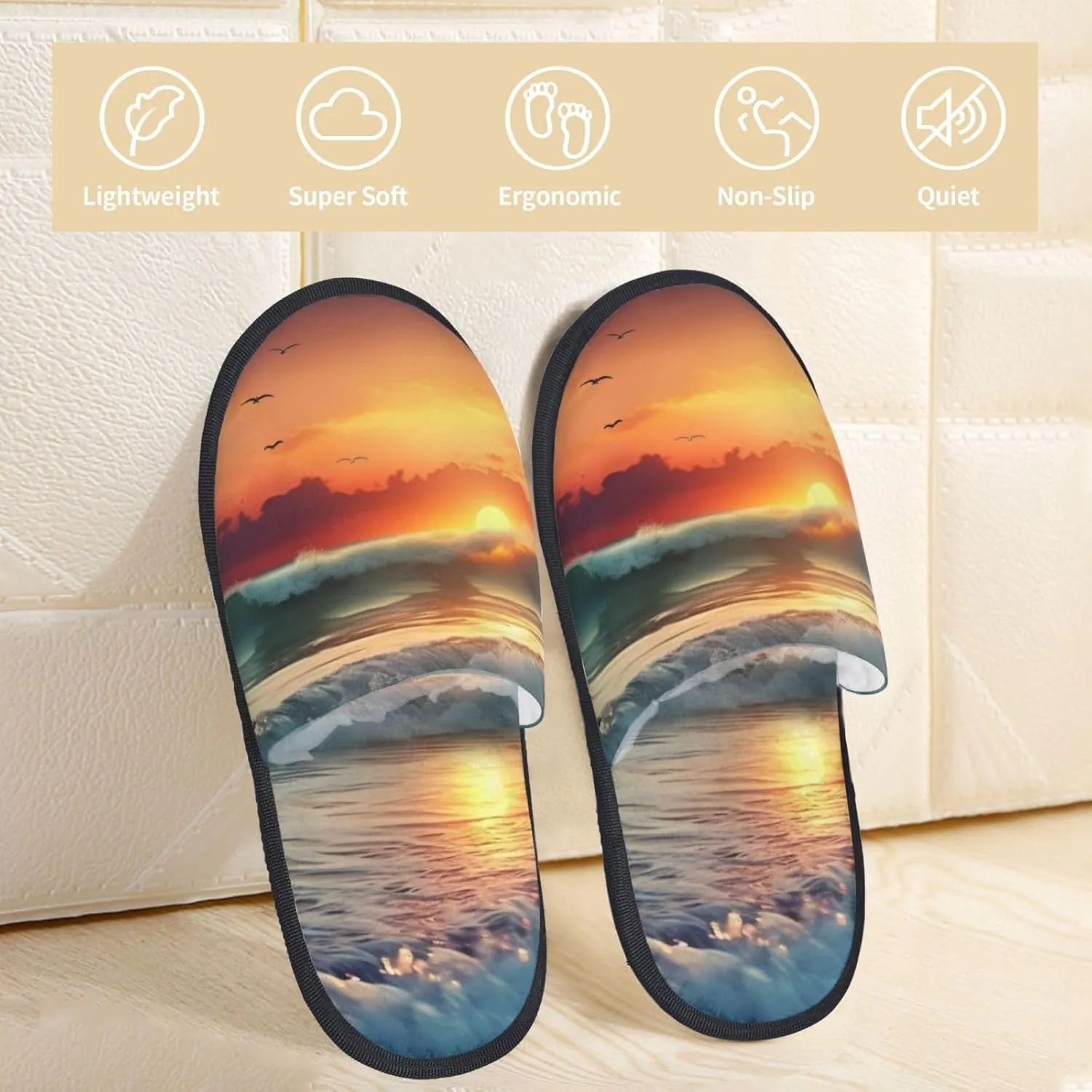 Sunset Seaside Furry Slippers for Men Women Fuzzy Memory Foam Slippers Warm Comfy Slip-on Bedroom Shoes Winter House Shoes for Indoor Outdoor