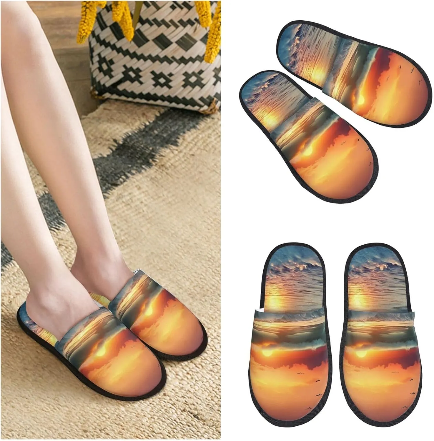 Sunset Seaside Furry Slippers for Men Women Fuzzy Memory Foam Slippers Warm Comfy Slip-on Bedroom Shoes Winter House Shoes for Indoor Outdoor