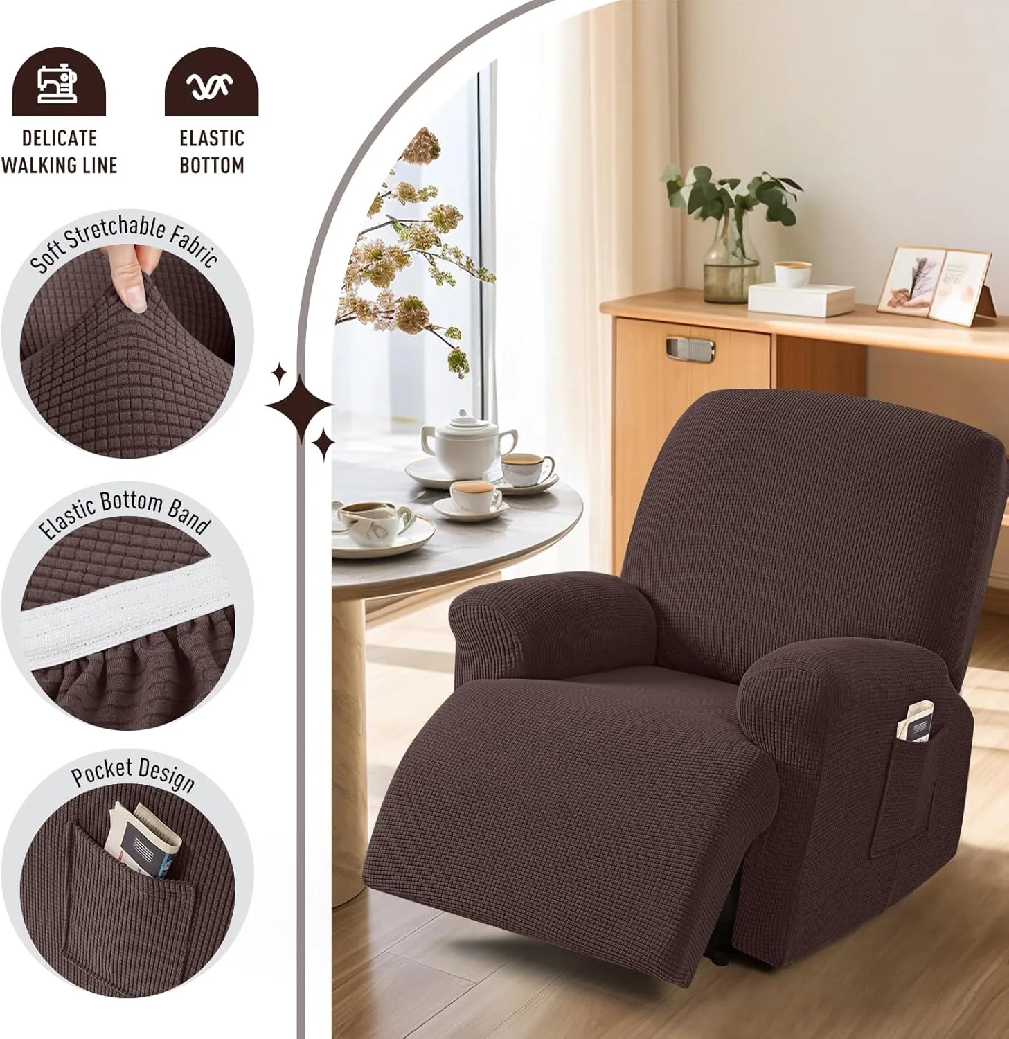 TAOCOCO Recliner Cover 4-Pieces, Recliner Stretch Sofa Slipcover, Recliner Cover 1 Seat, Couch Protector Soft, Furniture Protector Covers with Elastic,Chair Covers Jacquard Pattern (Dark Coffee)