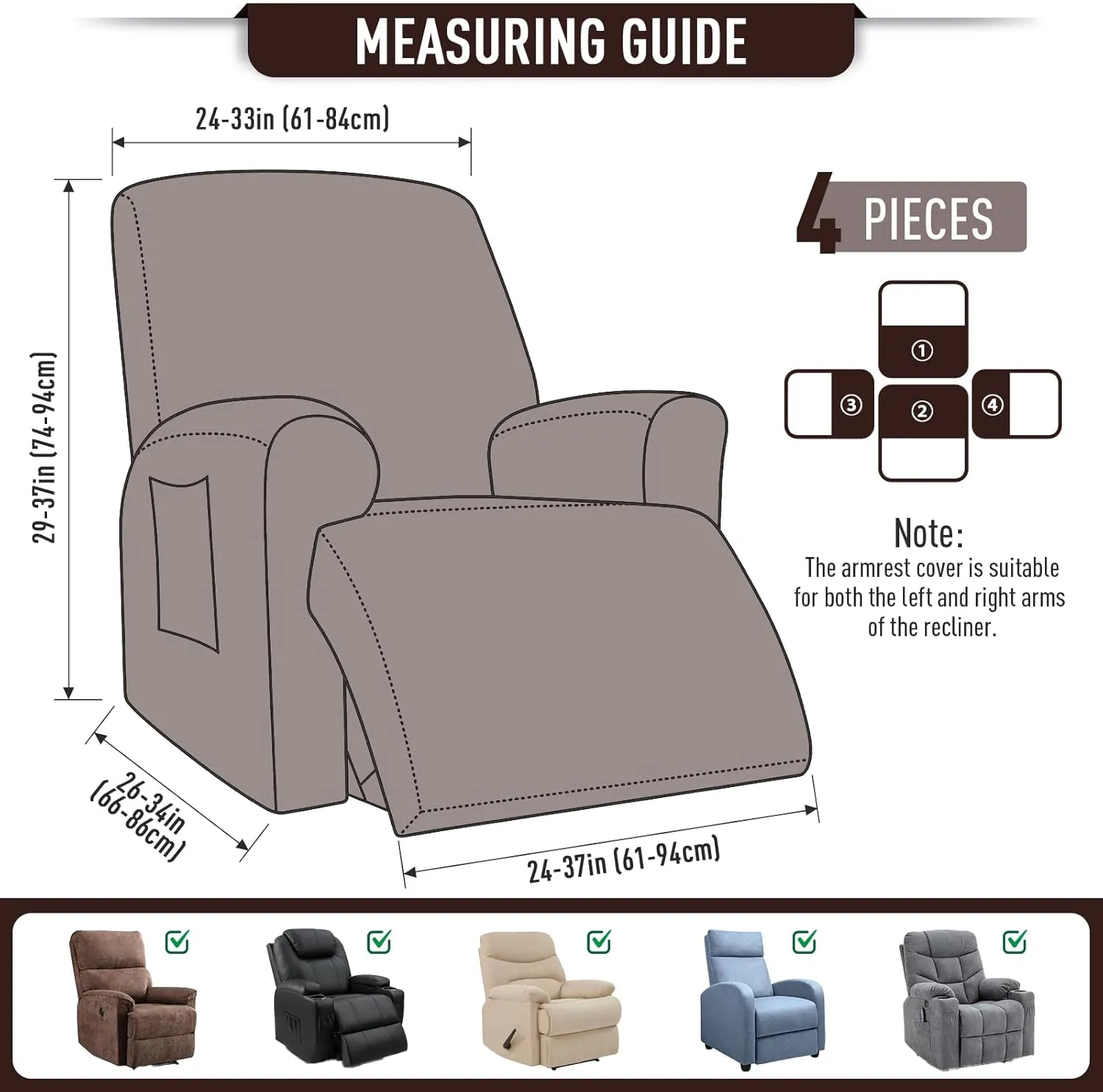 TAOCOCO Recliner Cover 4-Pieces, Recliner Stretch Sofa Slipcover, Recliner Cover 1 Seat, Couch Protector Soft, Furniture Protector Covers with Elastic,Chair Covers Jacquard Pattern (Dark Coffee)