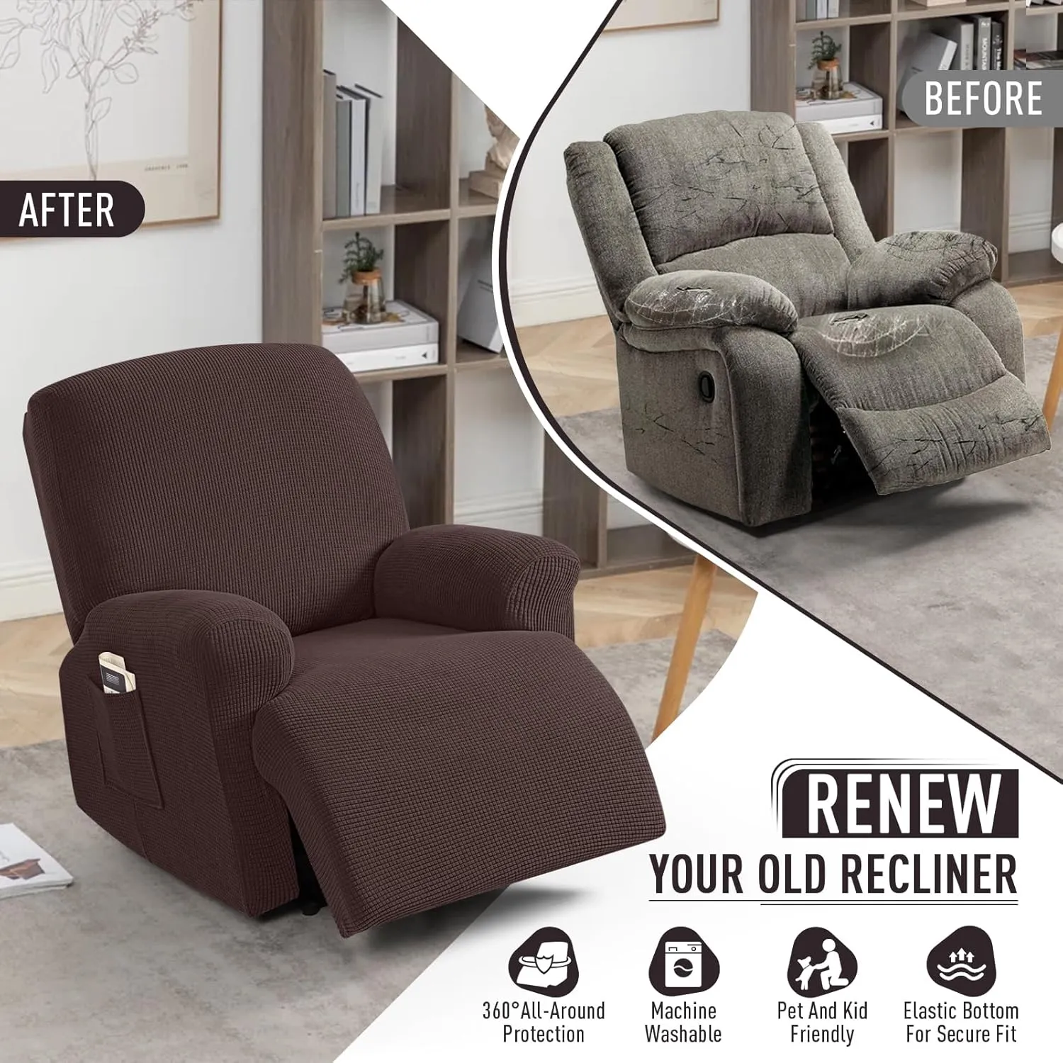 TAOCOCO Recliner Cover 4-Pieces, Recliner Stretch Sofa Slipcover, Recliner Cover 1 Seat, Couch Protector Soft, Furniture Protector Covers with Elastic,Chair Covers Jacquard Pattern (Dark Coffee)