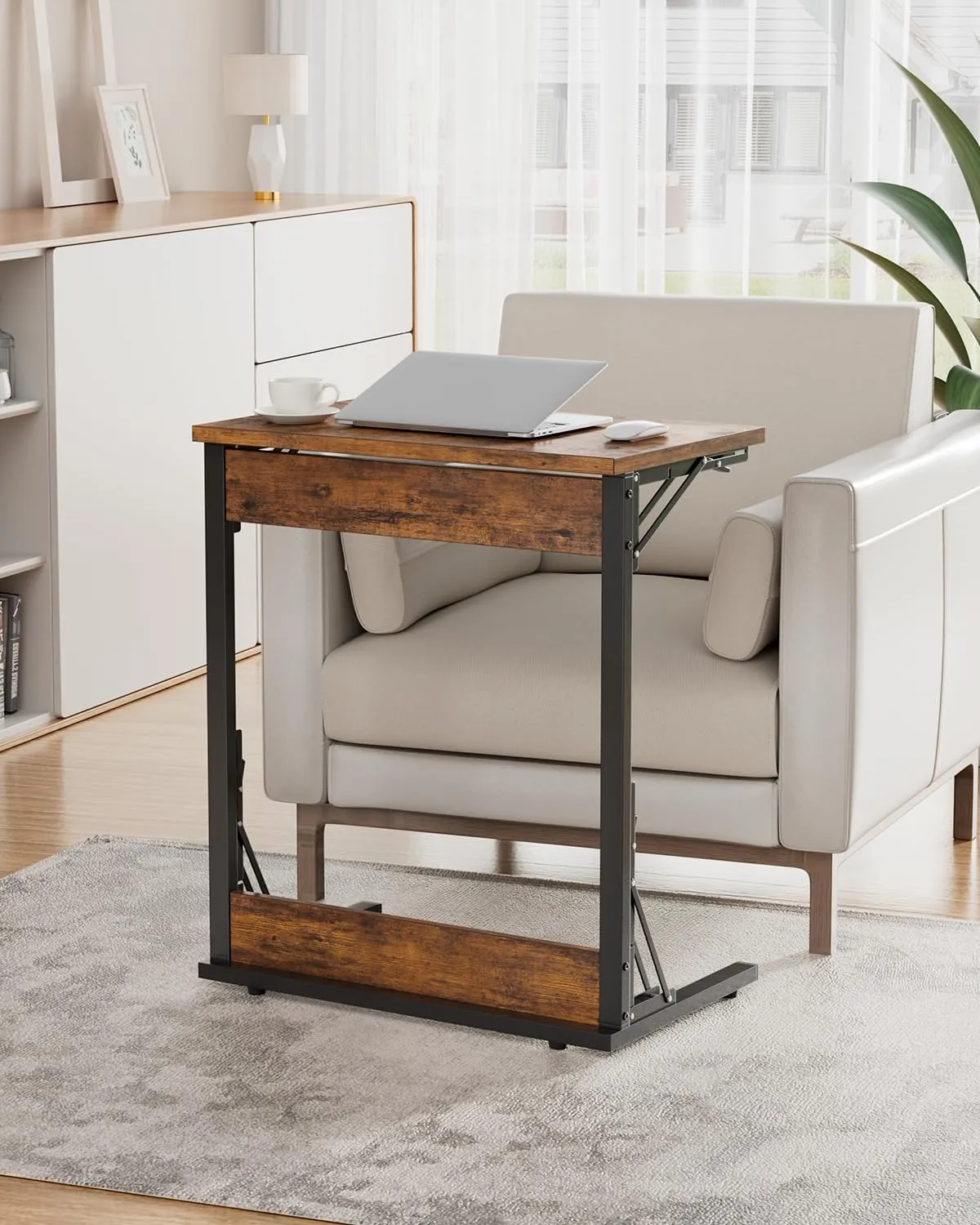 Tatub Folding TV Tray Table Set of 2, 24" Wide C-Shaped End Table for Couches, Small Sofa-Side Laptop Desk with Metal Frame for Living Room, Bedroom, Brown