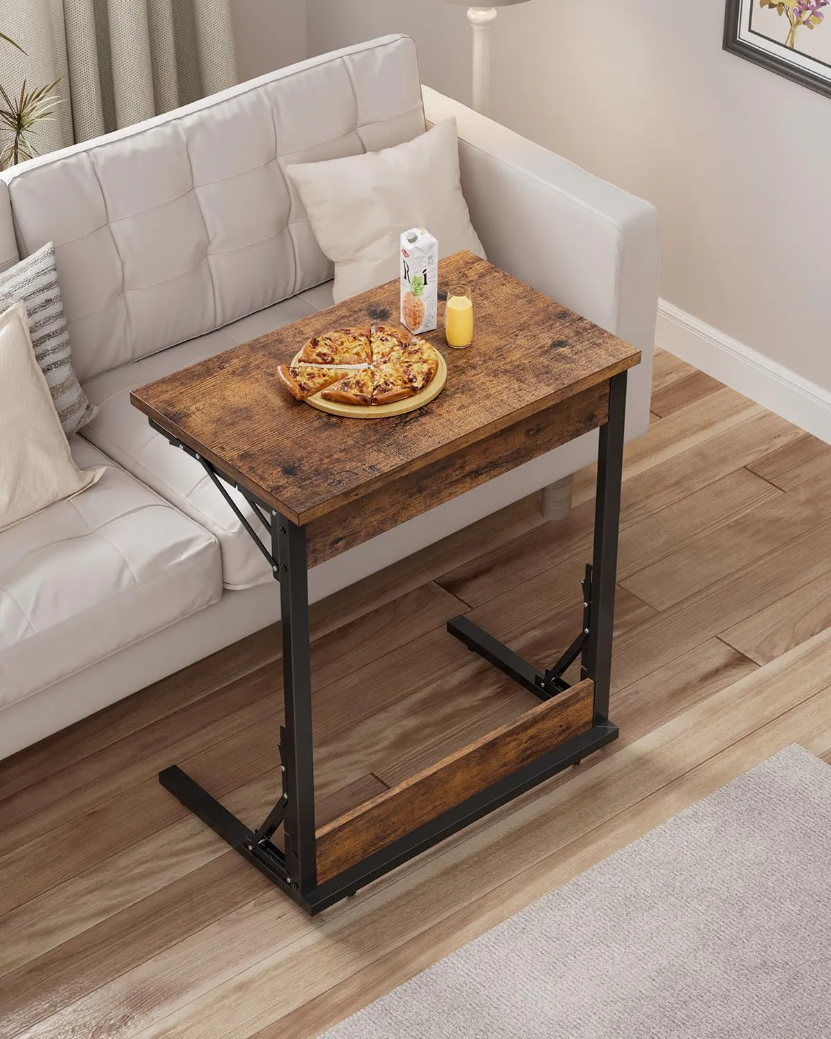 Tatub Folding TV Tray Table Set of 2, 24" Wide C-Shaped End Table for Couches, Small Sofa-Side Laptop Desk with Metal Frame for Living Room, Bedroom, Brown