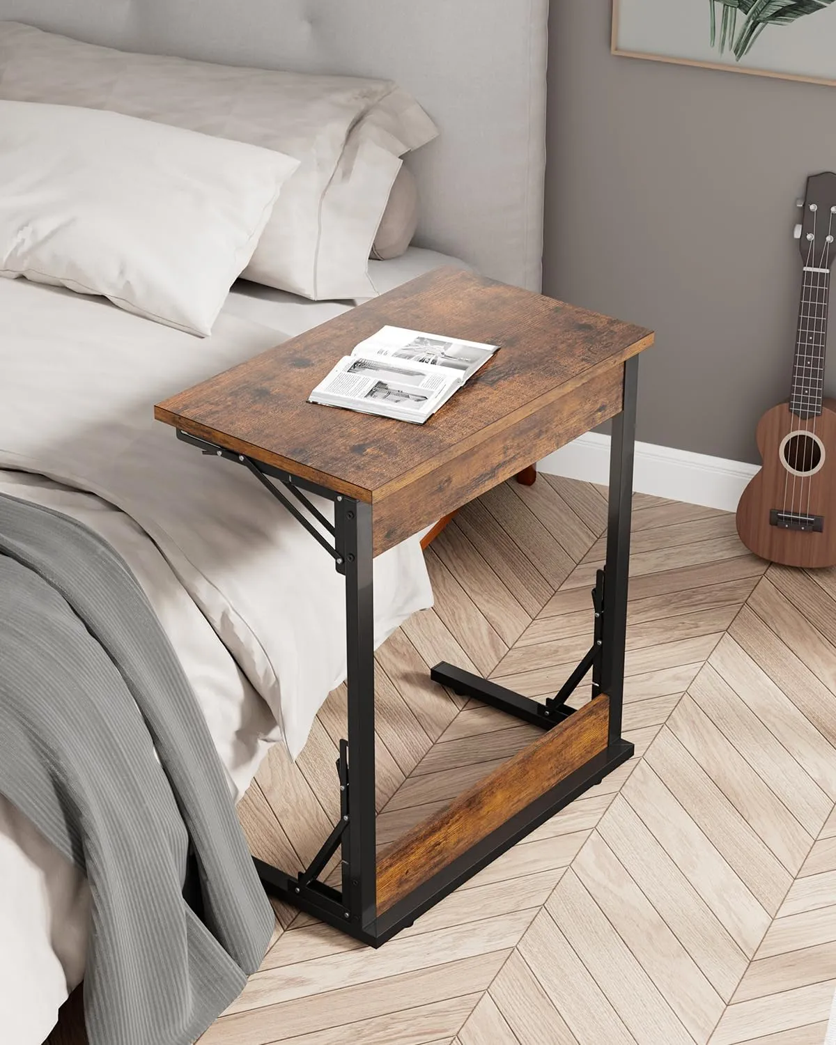 Tatub Folding TV Tray Table Set of 2, 24" Wide C-Shaped End Table for Couches, Small Sofa-Side Laptop Desk with Metal Frame for Living Room, Bedroom, Brown
