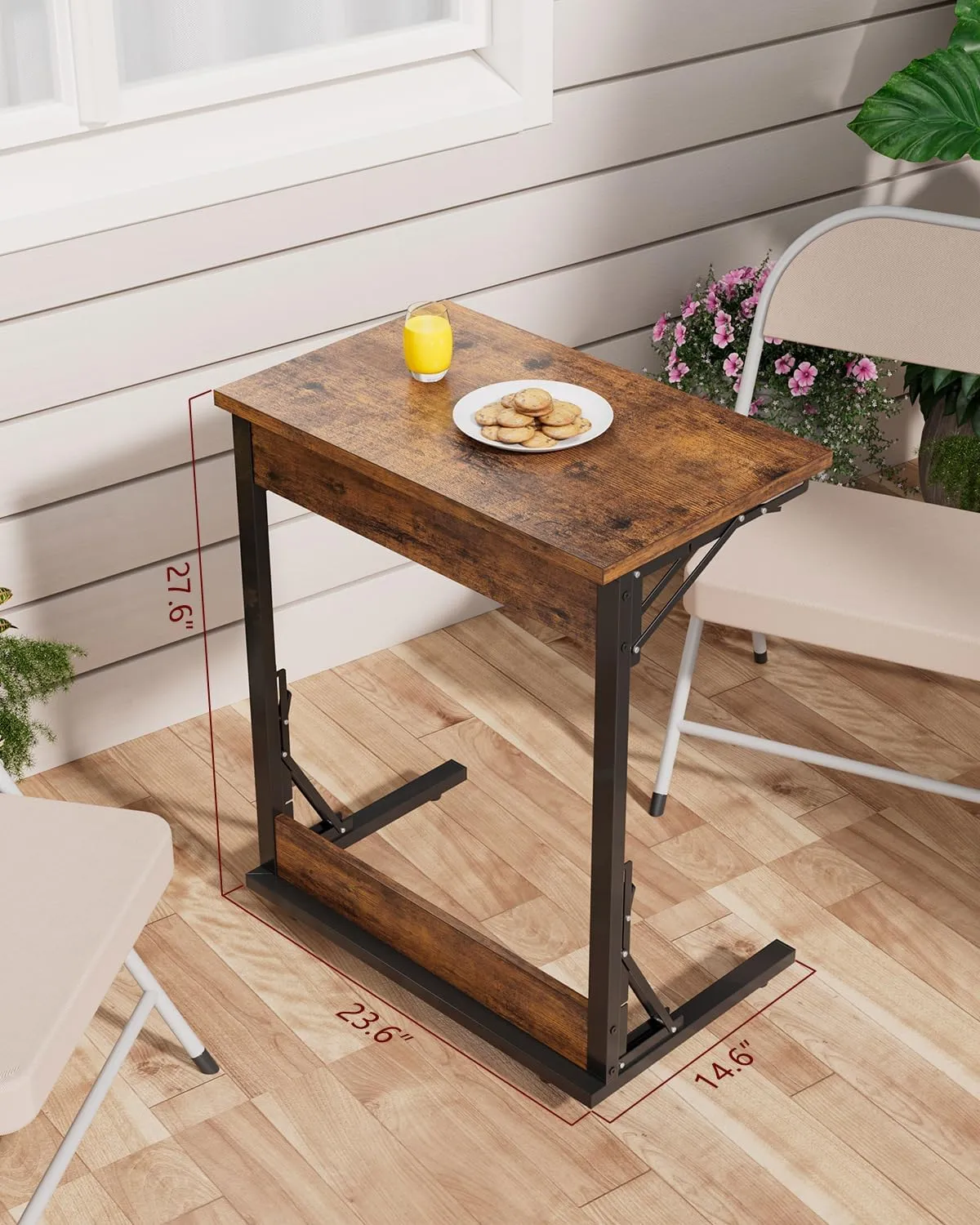 Tatub Folding TV Tray Table Set of 2, 24" Wide C-Shaped End Table for Couches, Small Sofa-Side Laptop Desk with Metal Frame for Living Room, Bedroom, Brown