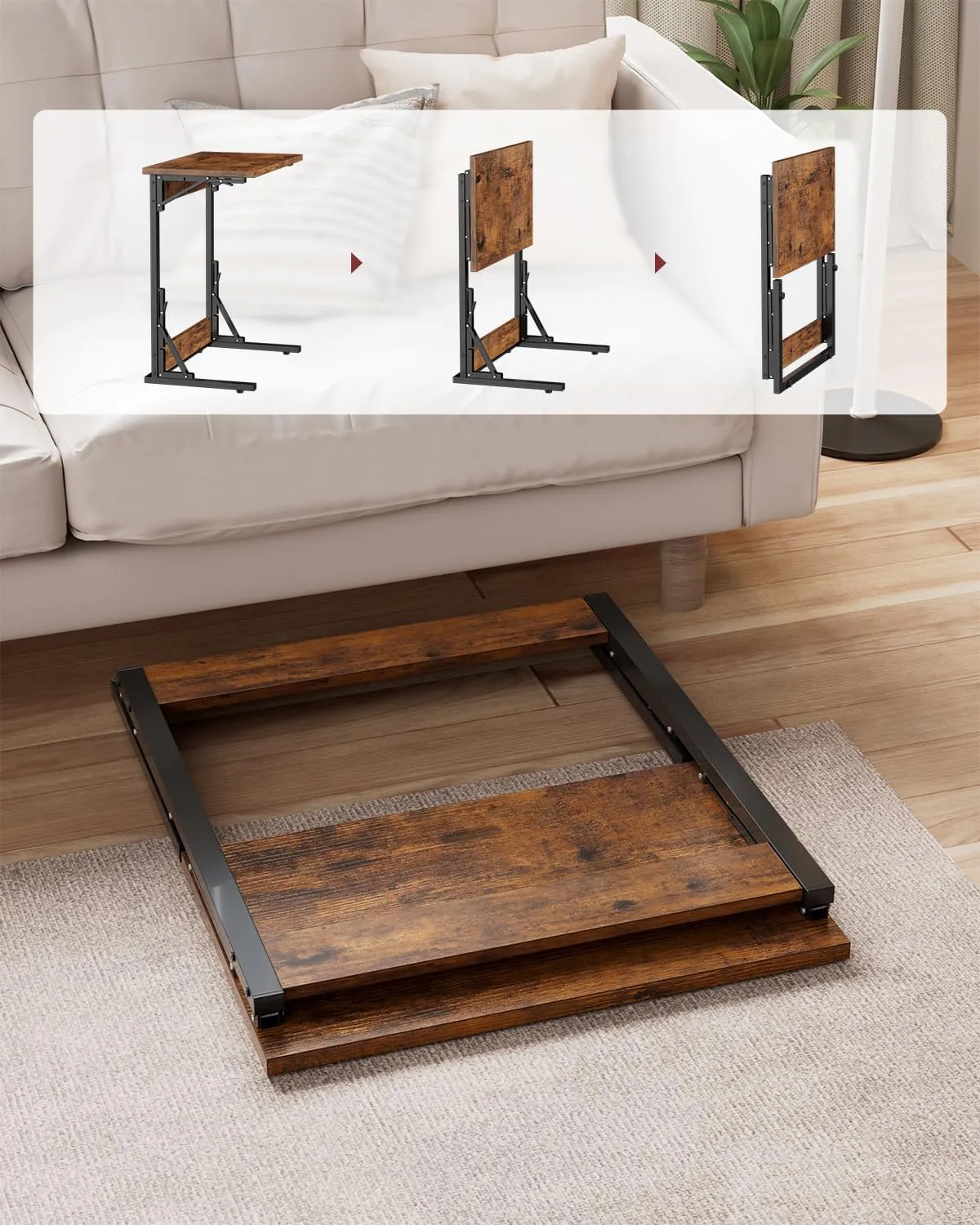 Tatub Folding TV Tray Table Set of 2, 24" Wide C-Shaped End Table for Couches, Small Sofa-Side Laptop Desk with Metal Frame for Living Room, Bedroom, Brown