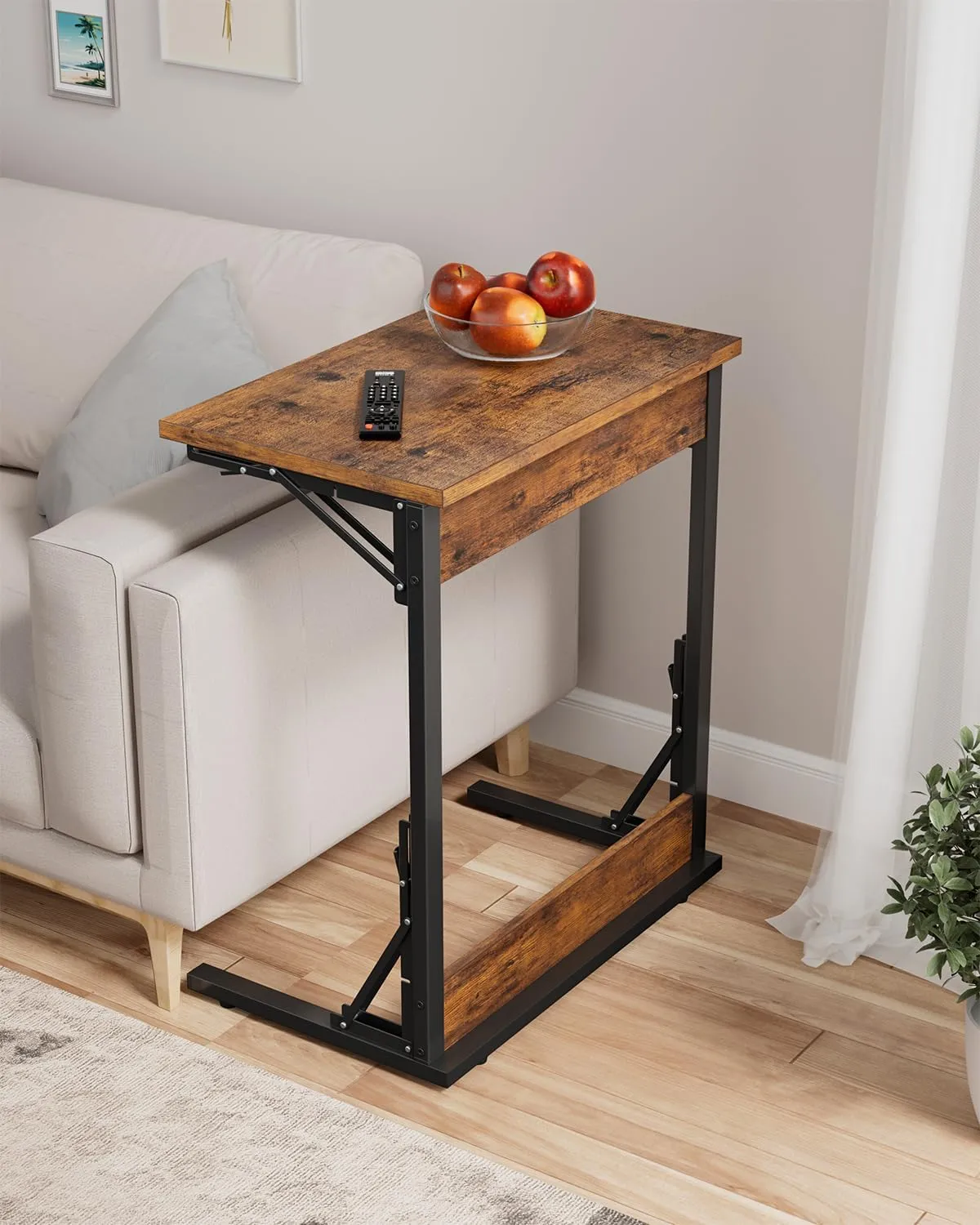 Tatub Folding TV Tray Table Set of 2, 24" Wide C-Shaped End Table for Couches, Small Sofa-Side Laptop Desk with Metal Frame for Living Room, Bedroom, Brown