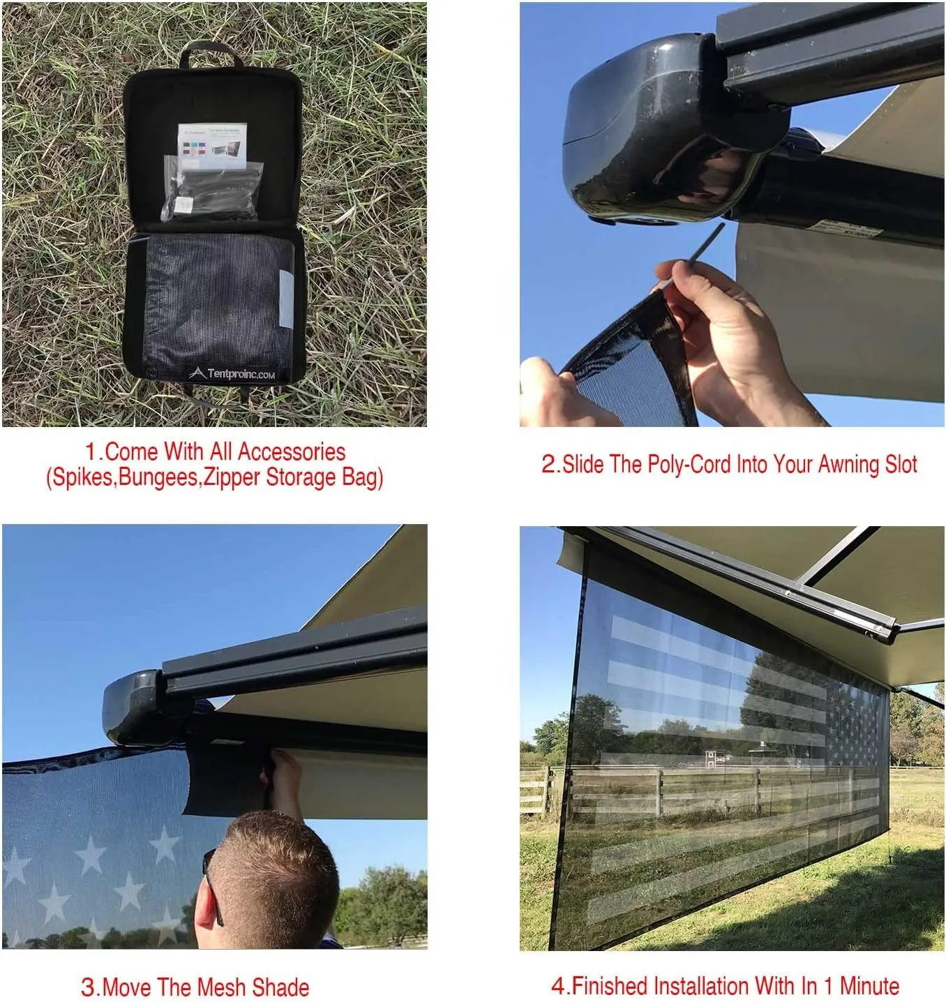 Tentproinc RV Awning Sun Shade Screen 8' X 18' 3'' (American Flag) Black Mesh Sunshade Camper Trailer Awning Shade Screen UV Blocker Completed Kits