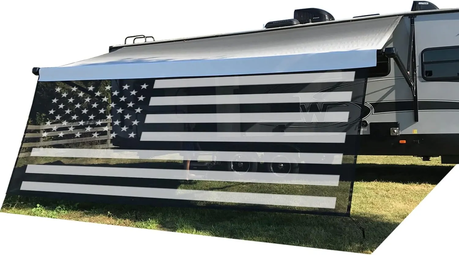 Tentproinc RV Awning Sun Shade Screen 8' X 18' 3'' (American Flag) Black Mesh Sunshade Camper Trailer Awning Shade Screen UV Blocker Completed Kits