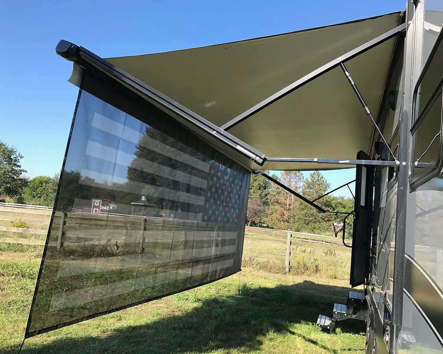 Tentproinc RV Awning Sun Shade Screen 8' X 18' 3'' (American Flag) Black Mesh Sunshade Camper Trailer Awning Shade Screen UV Blocker Completed Kits