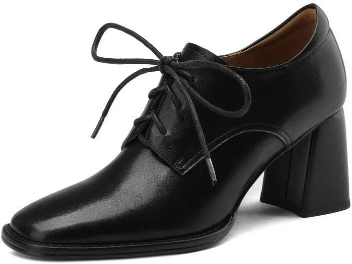 TinaCus Handmade Women's Genine Leather Front Lace Up Square Toe Mid Block Heel Oxford Pumps Shoes
