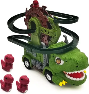 Tipmant Electric Dinosaur Track Rail Car Toy Vehicle Truck Playset Automatic Driving, Sound, Luminous Light, Kids Birthday Gifts (Green)
