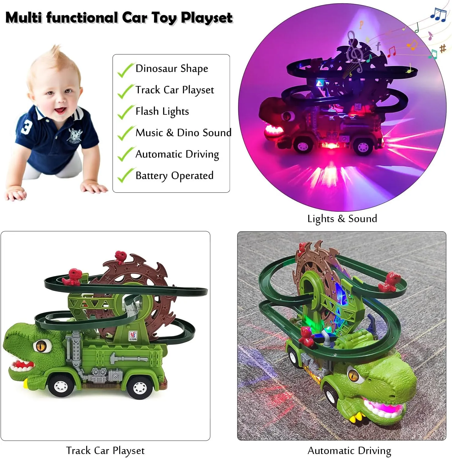 Tipmant Electric Dinosaur Track Rail Car Toy Vehicle Truck Playset Automatic Driving, Sound, Luminous Light, Kids Birthday Gifts (Green)