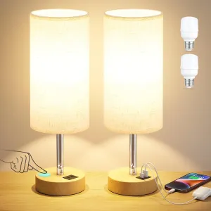 Touch Bedside Lamps Set of 2-3 Way Dimmable Table Lamps for Bedroom, Nightstand Lamp with Wooden Charging Station for Kids Room Dorm, Small Desk Lamp for Living Room, Office, Kids Room, Nursery