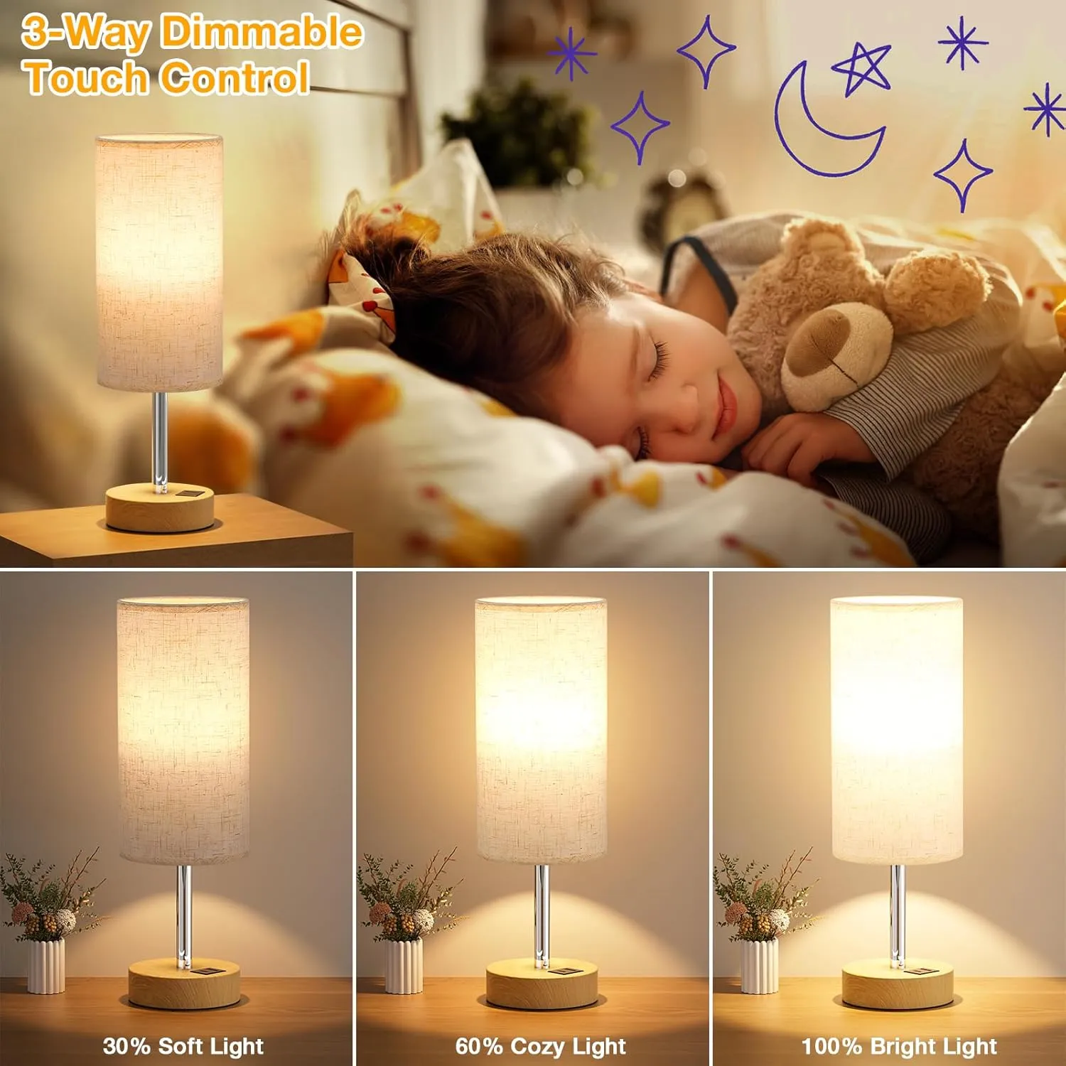 Touch Bedside Lamps Set of 2-3 Way Dimmable Table Lamps for Bedroom, Nightstand Lamp with Wooden Charging Station for Kids Room Dorm, Small Desk Lamp for Living Room, Office, Kids Room, Nursery