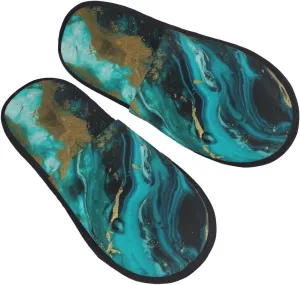 Turquoise Blue Gold Marble Furry Slippers for Men Women Fuzzy Memory Foam Slippers Warm Comfy Slip-on Bedroom Shoes Winter House Shoes for Indoor Outdoor Medium