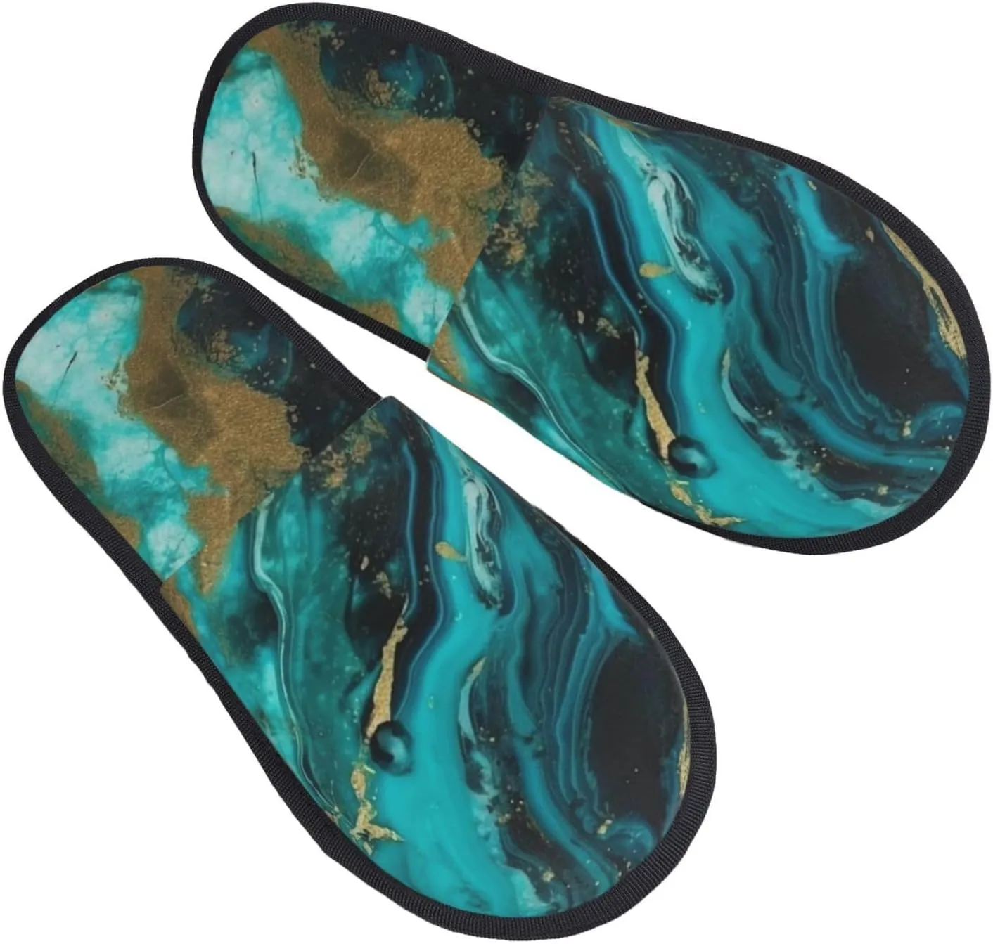 Turquoise Blue Gold Marble Furry Slippers for Men Women Fuzzy Memory Foam Slippers Warm Comfy Slip-on Bedroom Shoes Winter House Shoes for Indoor Outdoor Medium