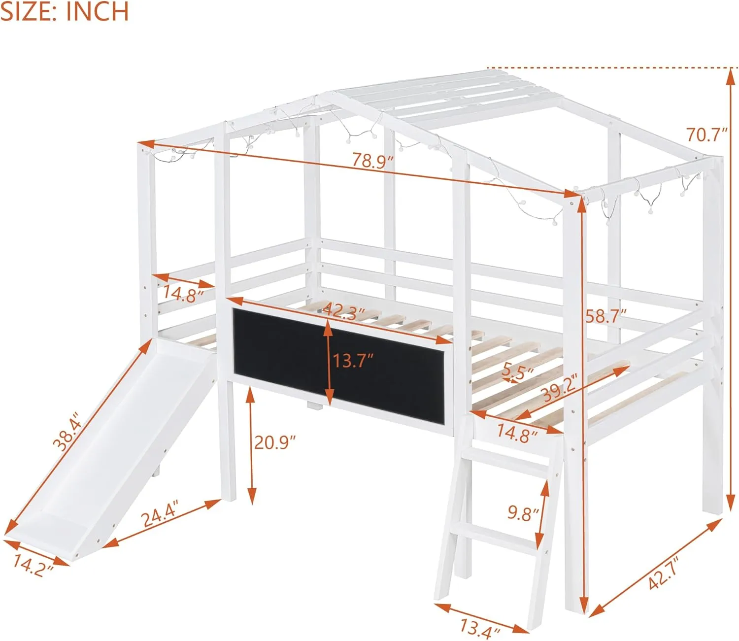 Twin Size Low Loft Bed with Slide and Ladder, Wood Playhouse Twin Bed with Blackboard and Light Strip on The Roof, Twin House Bed for Kids, Boys, Girls,Child,Teens (White-@Z)