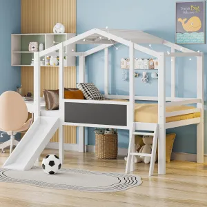 Twin Size Low Loft Bed with Slide and Ladder, Wood Playhouse Twin Bed with Blackboard and Light Strip on The Roof, Twin House Bed for Kids, Boys, Girls,Child,Teens (White-@Z)