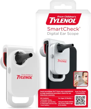 Tylenol SmartCheck 2.0 Digital Ear Scope from Children's, Otoscope with Light for iPhone & Android, Ear Camera; Includes 1 Otoscope Clamp, 12 Specula Tips; 6 Pediatric Tips, 6 Child/Adult Tips