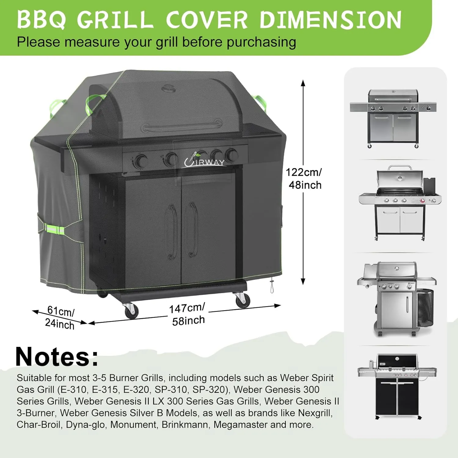 UIRWAY Gas Grill Cover 58 Inch, Waterproof, UV & Fade Resistant BBQ Grill Cover for Outdoor, Barbecue Cover with Reflective Strip and Air Vent for Weber, Dyna-glo, Char-Broil, Nexgrill, etc. Black