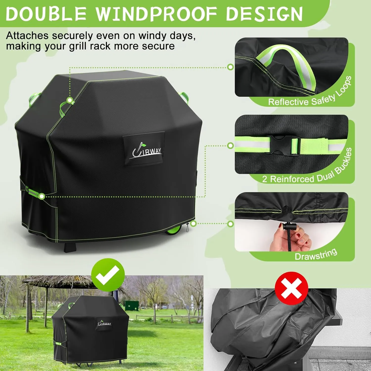 UIRWAY Gas Grill Cover 58 Inch, Waterproof, UV & Fade Resistant BBQ Grill Cover for Outdoor, Barbecue Cover with Reflective Strip and Air Vent for Weber, Dyna-glo, Char-Broil, Nexgrill, etc. Black