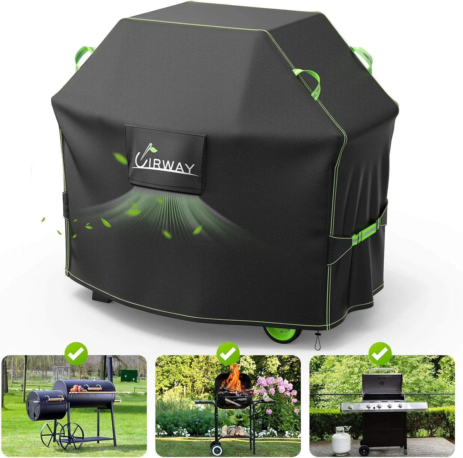 UIRWAY Gas Grill Cover 58 Inch, Waterproof, UV & Fade Resistant BBQ Grill Cover for Outdoor, Barbecue Cover with Reflective Strip and Air Vent for Weber, Dyna-glo, Char-Broil, Nexgrill, etc. Black
