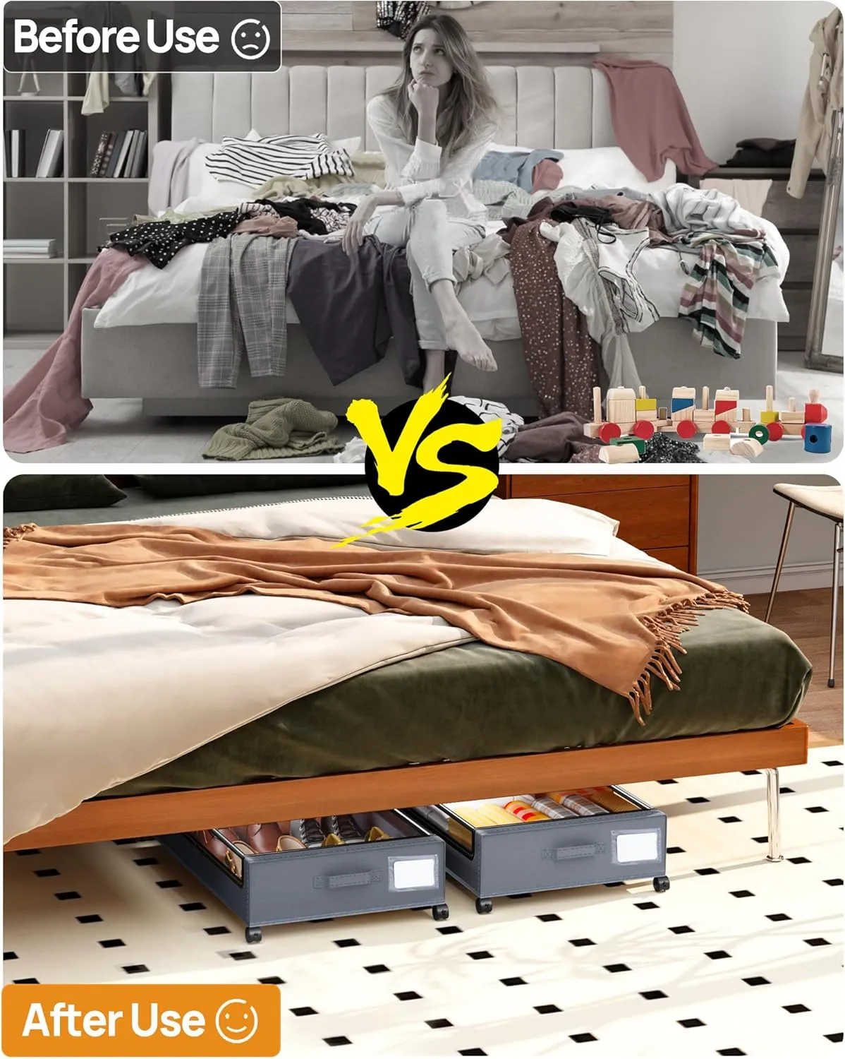 Under Bed Storage with Wheels, Square Under Bed Storage Containers, 4 Pack Under The Bed Storage Bins, Under Bed Organizer with Clear Lids-60L Rolling Underbed Storage For Clothes, Shoes...
