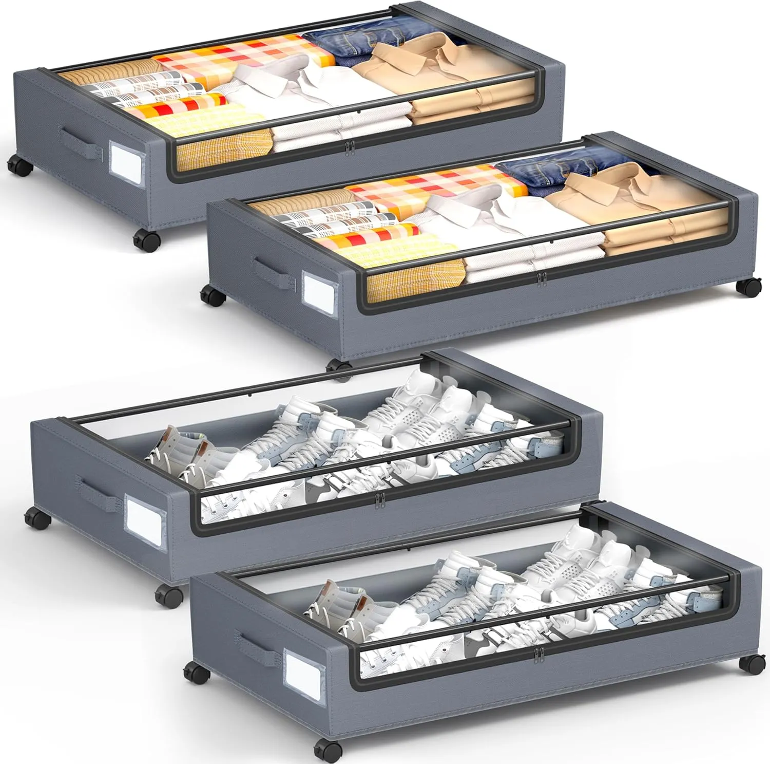 Under Bed Storage with Wheels, Square Under Bed Storage Containers, 4 Pack Under The Bed Storage Bins, Under Bed Organizer with Clear Lids-60L Rolling Underbed Storage For Clothes, Shoes...