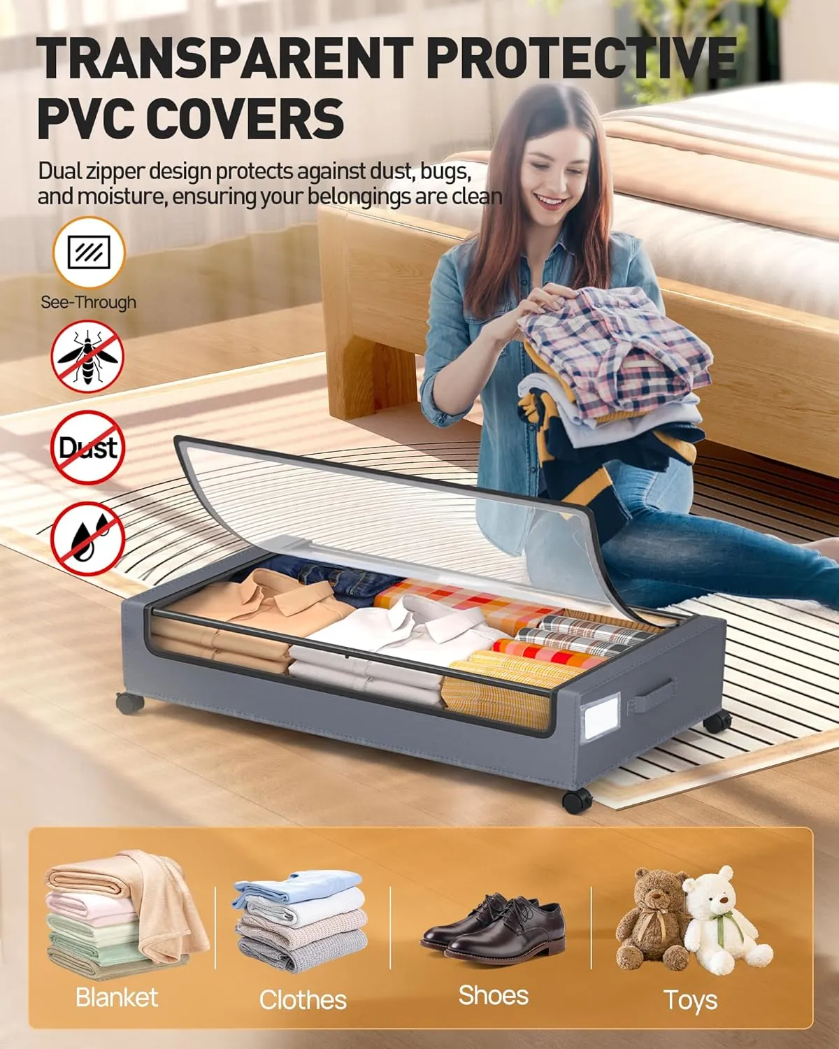 Under Bed Storage with Wheels, Square Under Bed Storage Containers, 4 Pack Under The Bed Storage Bins, Under Bed Organizer with Clear Lids-60L Rolling Underbed Storage For Clothes, Shoes...