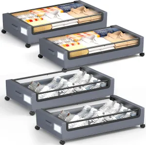 Under Bed Storage with Wheels, Square Under Bed Storage Containers, 4 Pack Under The Bed Storage Bins, Under Bed Organizer with Clear Lids-60L Rolling Underbed Storage For Clothes, Shoes...