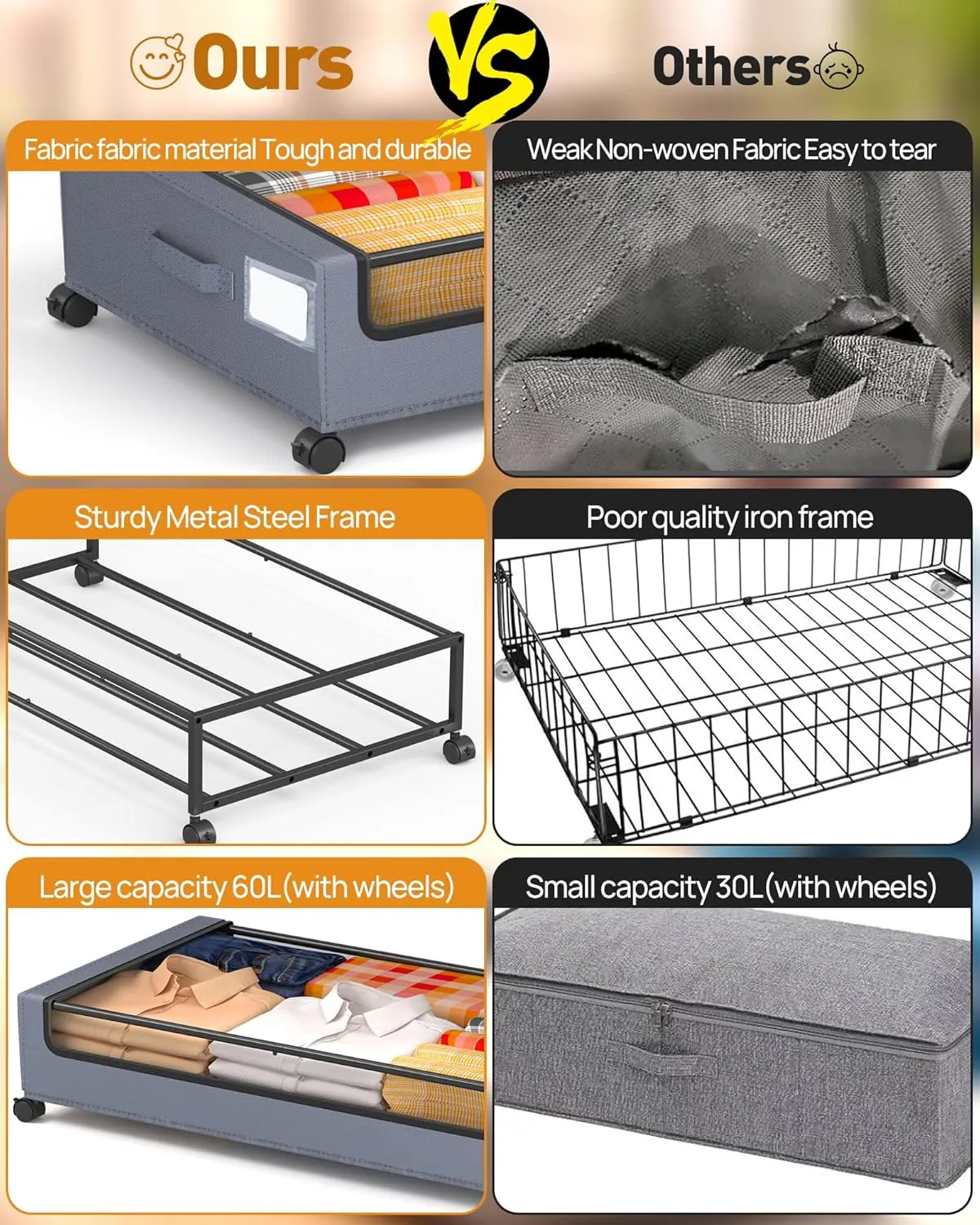 Under Bed Storage with Wheels, Square Under Bed Storage Containers, 4 Pack Under The Bed Storage Bins, Under Bed Organizer with Clear Lids-60L Rolling Underbed Storage For Clothes, Shoes...