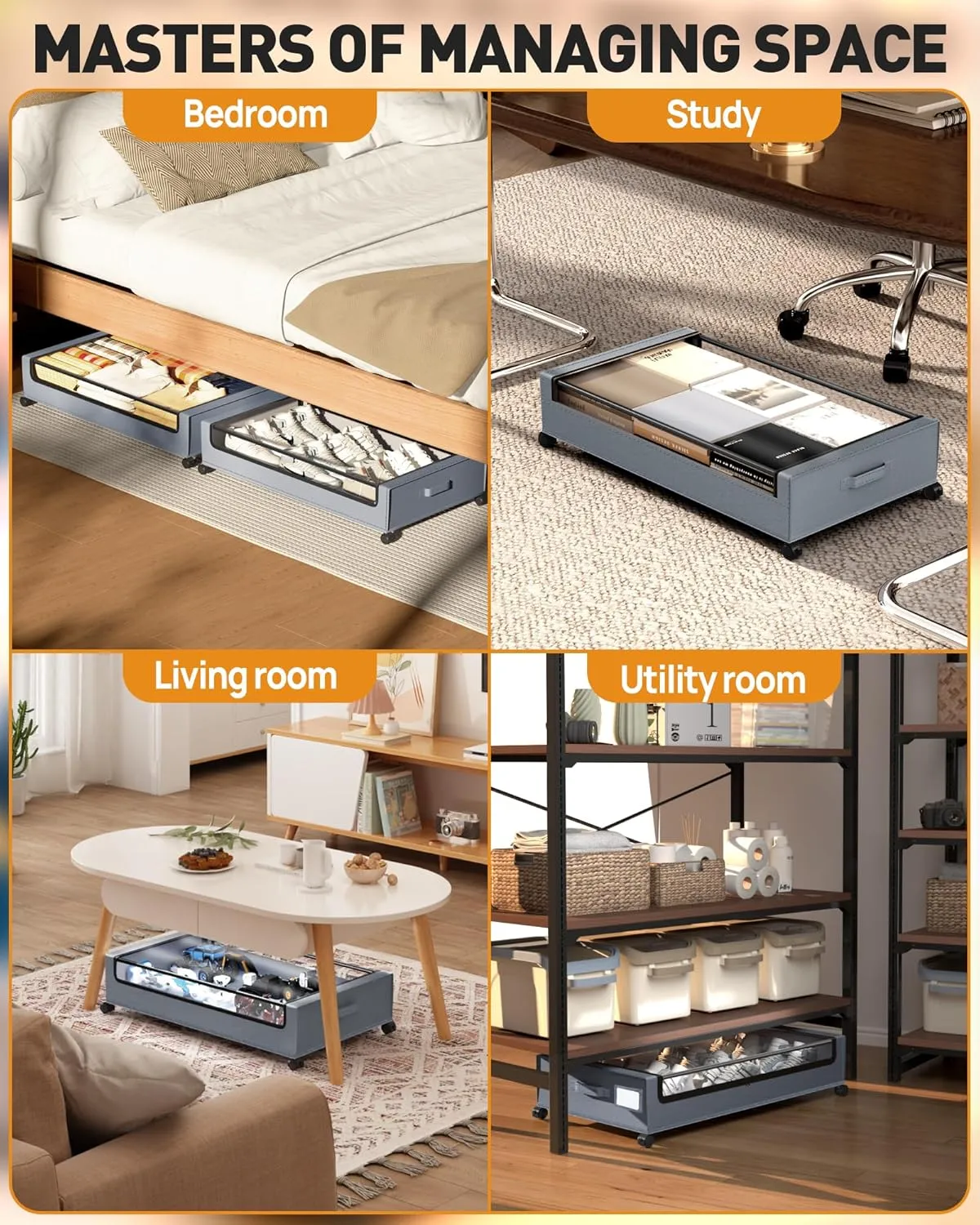Under Bed Storage with Wheels, Square Under Bed Storage Containers, 4 Pack Under The Bed Storage Bins, Under Bed Organizer with Clear Lids-60L Rolling Underbed Storage For Clothes, Shoes...