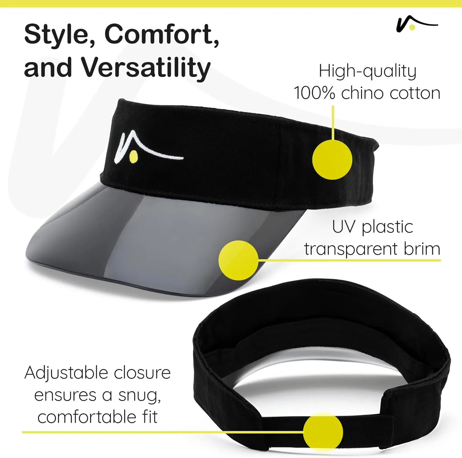 VISTO Sports Visor with See-Through Brim – No-Glare UV Sun Protection – 100% Chino Cotton – Adjustable Velcro Strap