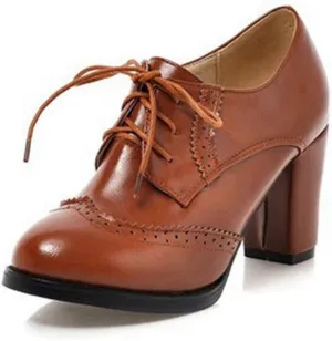 VOKLIN Women's Lace Up Wingtip Oxford Pump Vintage Perforated Chunky Platform High Heel Brogues Dress Shoes