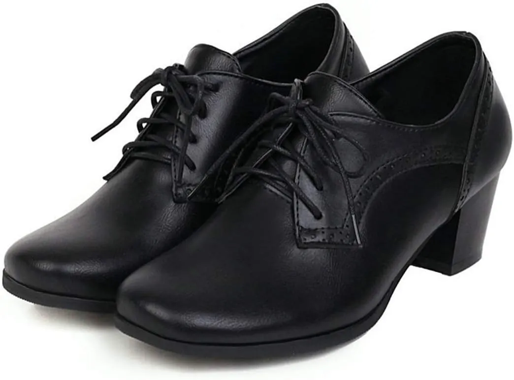 VOKLIN Women's Vintage Pump Oxfords Brogues Lace Up Wingtip Perforated Chunky Block Mid Heels Dress Shoes