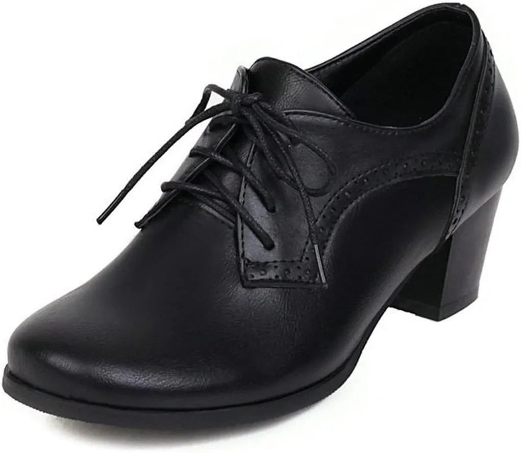 VOKLIN Women's Vintage Pump Oxfords Brogues Lace Up Wingtip Perforated Chunky Block Mid Heels Dress Shoes