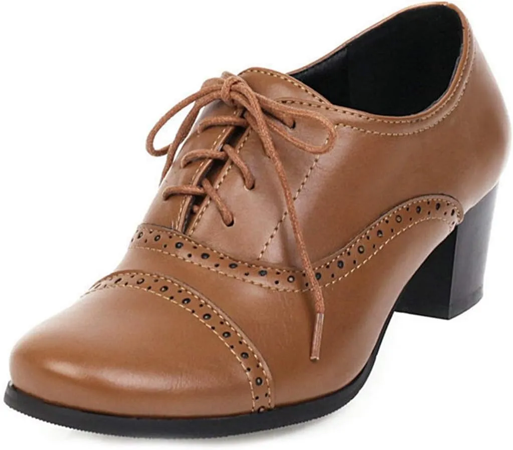 VOKLIN Women's Vintage Pump Oxfords Brogues Wingtip Lace Up Perforated Chunky Block Mid Heels Dress Shoes