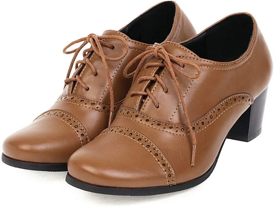 VOKLIN Women's Vintage Pump Oxfords Brogues Wingtip Lace Up Perforated Chunky Block Mid Heels Dress Shoes