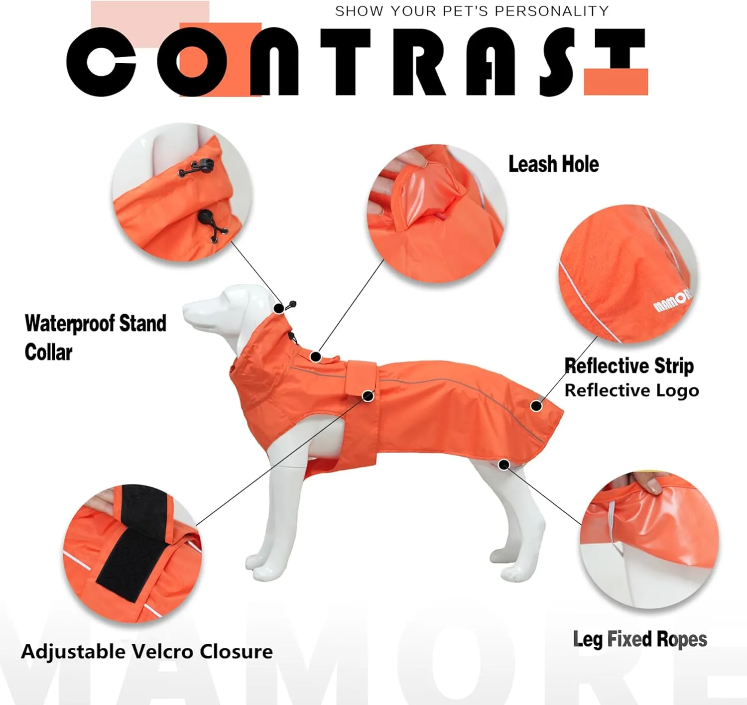 Waterproof Dog Raincoat with Reflective Strip, Adjustable Breathable Rain Coat Jacket with Leash Hole for Dogs (Orange, XX-Large)