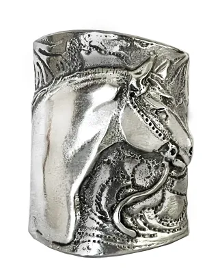Western Scarf Slide with Quarter Horse on saddle pattern background, polished pewter