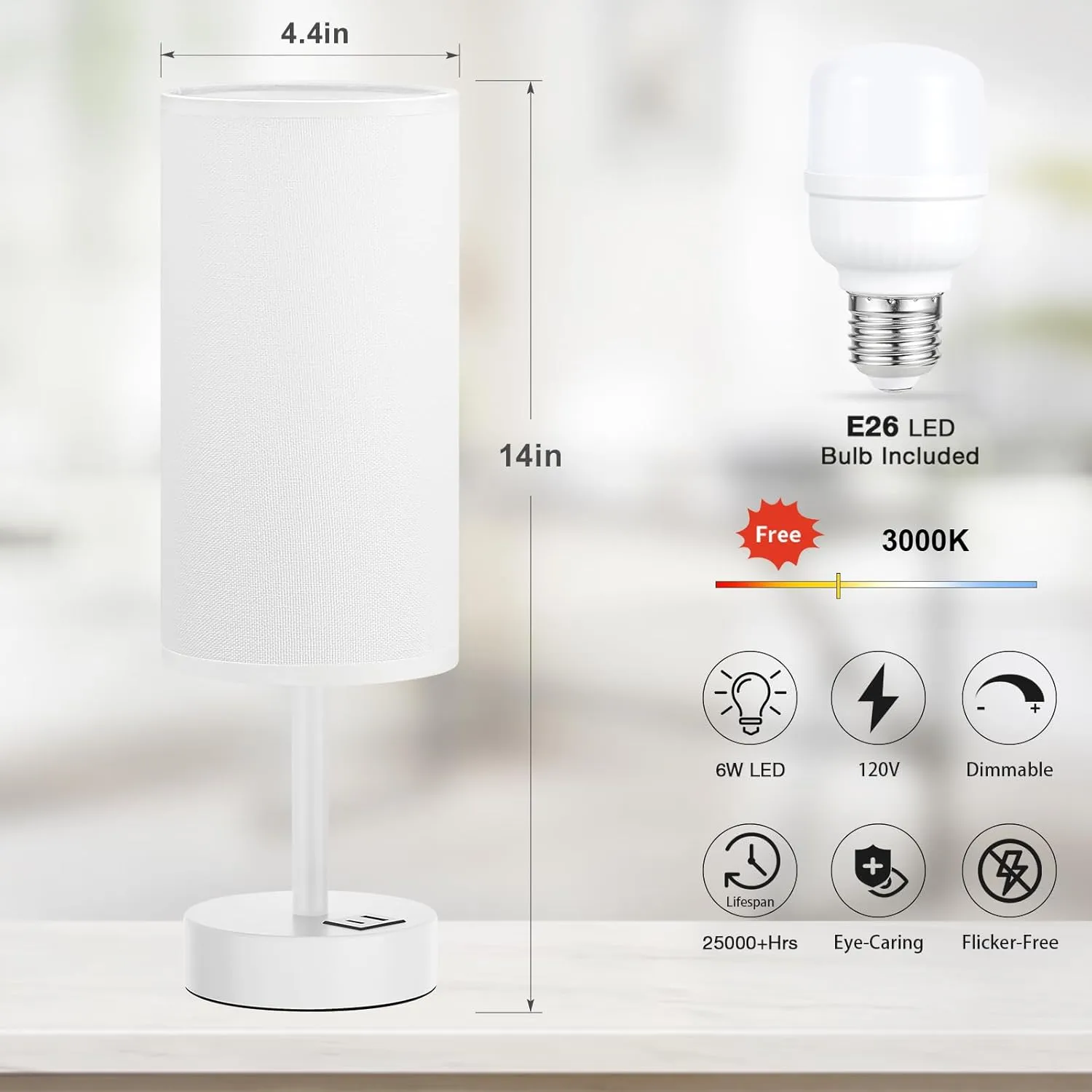 White Touch Bedside Lamp for Bedroom - 3 Way Dimmable Table Lamp with USB, Nightstand Lamp with White Charging Station for Desk Dorm, Girl Kids Room, Small