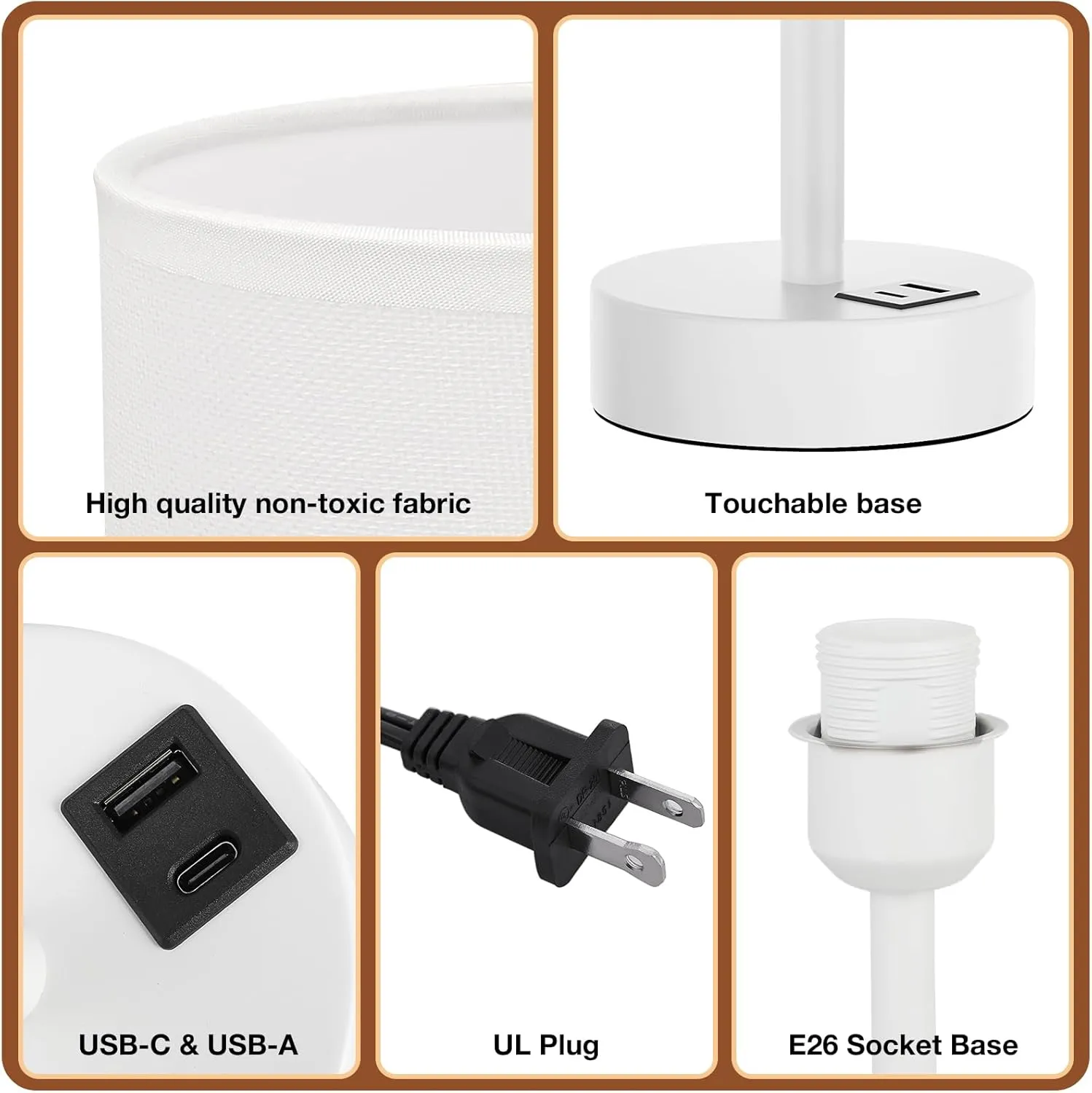White Touch Bedside Lamp for Bedroom - 3 Way Dimmable Table Lamp with USB, Nightstand Lamp with White Charging Station for Desk Dorm, Girl Kids Room, Small