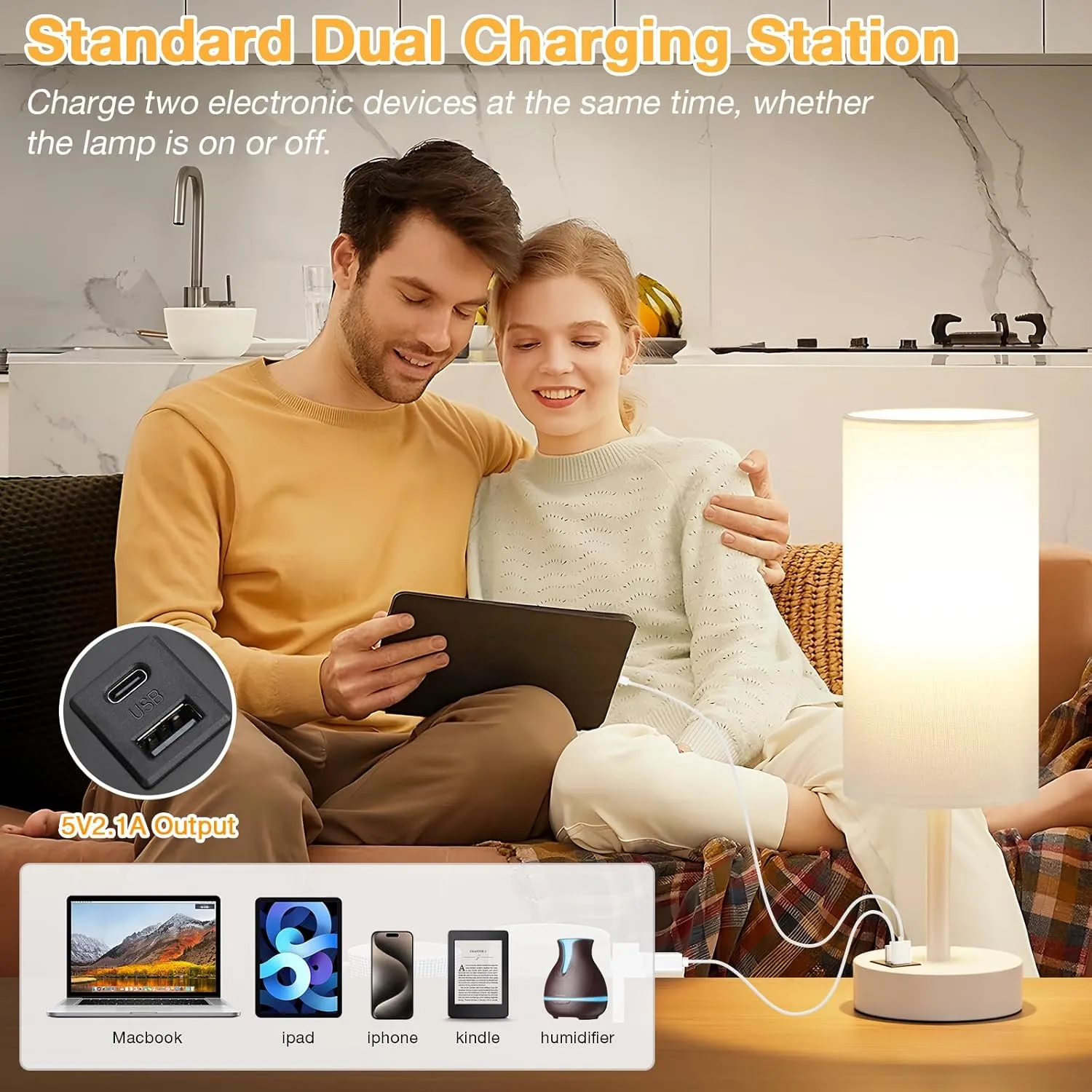 White Touch Bedside Lamp for Bedroom - 3 Way Dimmable Table Lamp with USB, Nightstand Lamp with White Charging Station for Desk Dorm, Girl Kids Room, Small