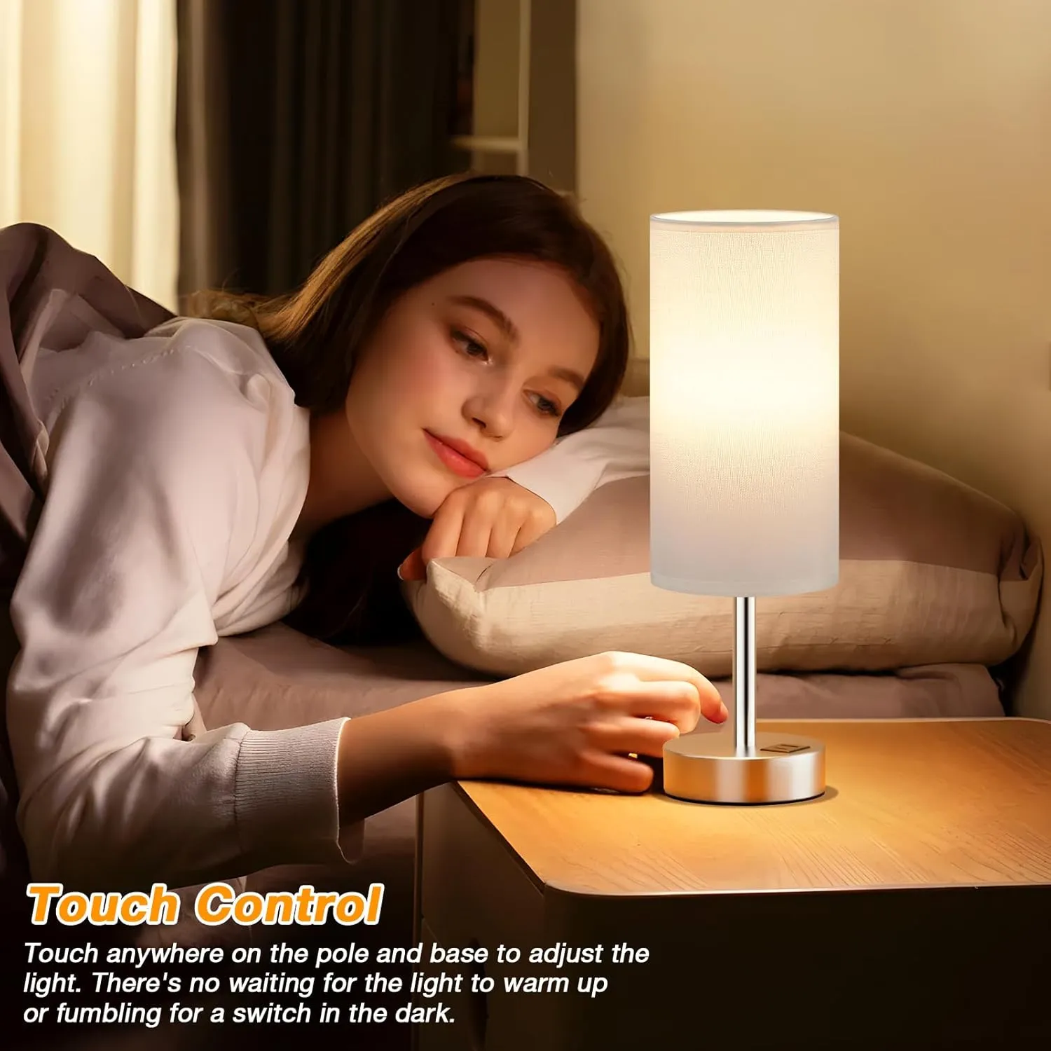 White Touch Bedside Lamp with USB - 3 Way Dimmable Table Lamp for Bedroom, Nightstand Lamp with Nickel Charging Station and Silver LampHolder for Dorm Kids Room, Small